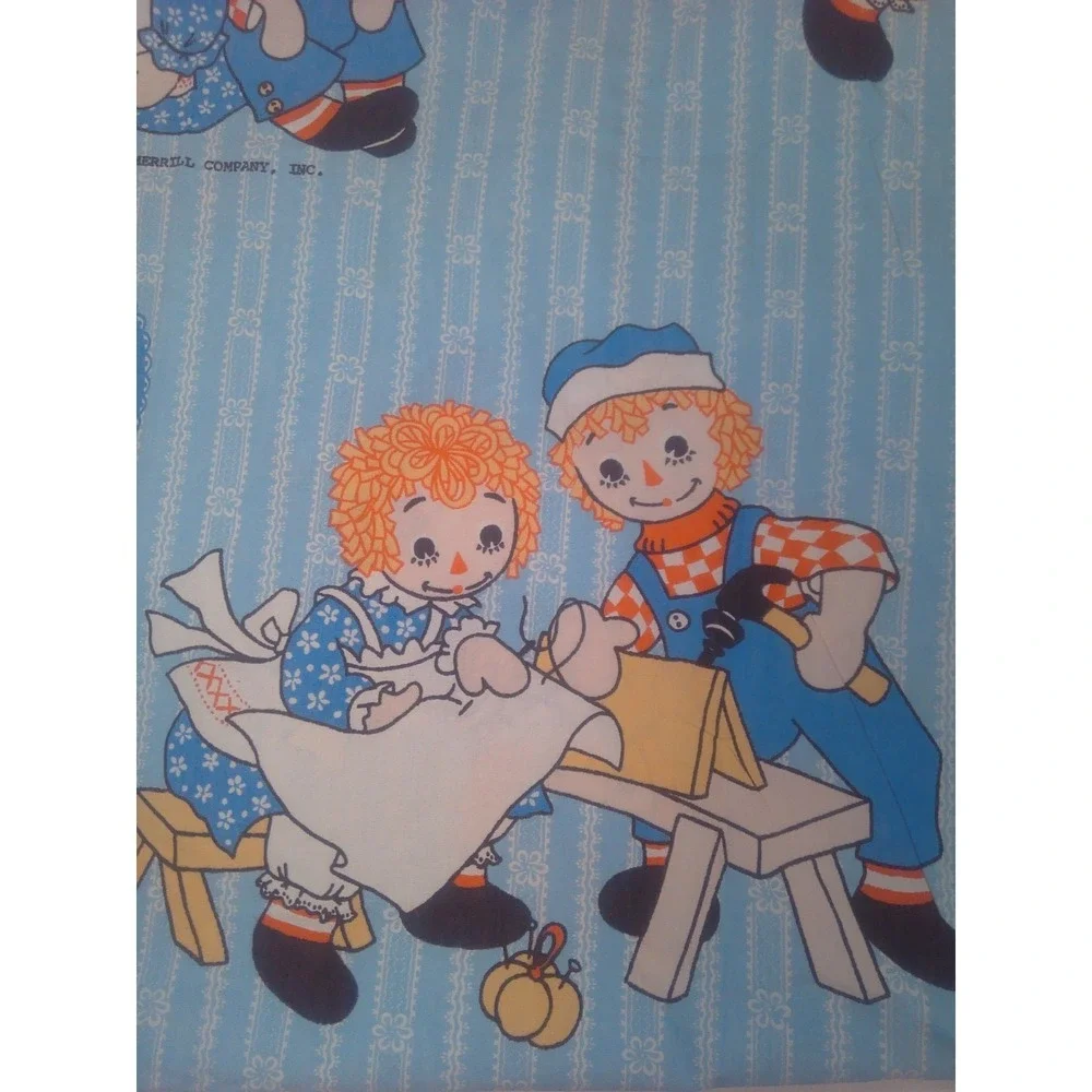 Vintage Raggedy Ann and Andy Twin Fitted Sheet Bobbs-Merrill Co Inc 1970s Blue